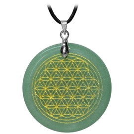 Kaltner Präsente Gemstone Necklace with Pendant, Green Aventurine with Flower of Life Engraving, Leather Cord with Pendant, High-Quality Gemstone Pendant with Leather Chain, Gemstone Diameter 38 mm,