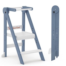 Foldable Toddler Tower with Safety Net, Toddler Stool for Kitchen with 3 Adjustable Height，Montessori Toddler Learning Helper Tower，Wooden Toddler Step Stool for Learning and Cooking