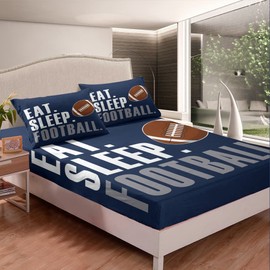 Rugby Bedding Set American Football Sports Fitted Sheet for Boys Girls Women Men Blue Eat Sleep Football Bed Sheet Set Ball Games Room Decor Full Size Bed Cover 3Pcs