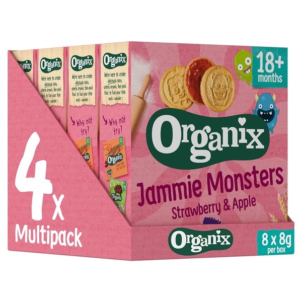 Organix Jammie Monsters Organic Jam Toddler Snack Biscuits 18+ Months Multipack 8x8g (Pack of 4)