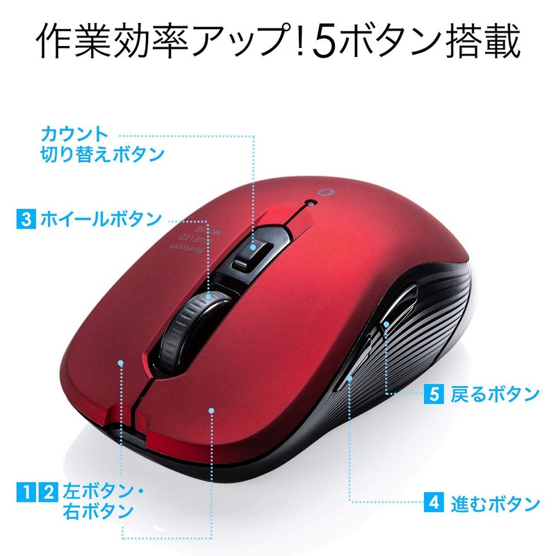 Sanwa Direct 400-MABT158BK Bluetooth Mouse, Blue LED, 5 Buttons, Compatible