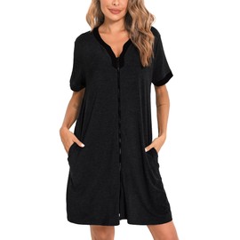 SWOMOG Women Zipper Front House Coat Short Sleeves Robe Zip up Bathrobes Short Nightgown with Pockets S-3XL Black Dark Gray XX-Large