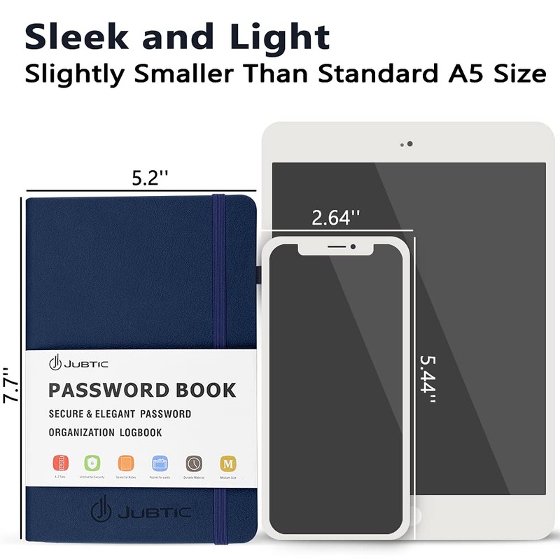 JUBTIC Password Keeper Book with Alphabetical Tabs. Medium Size Password