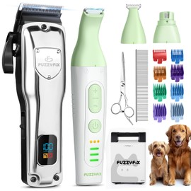 FuzzyFix Dog Grooming Kit, Dog Clippers for Grooming for Thick Heavy Coats, Professional Pet Paw Trimmer Nail Grinder Low Noise Rechargeable Stainless Steel Hair Trimmer for Dogs Cats Animals