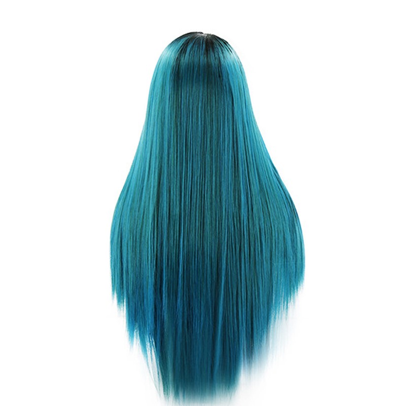Long Straight Hair Wig Gradient Green Color Centre Parting Hairstyle