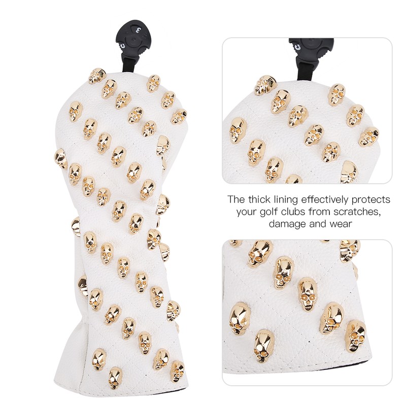 Golf Wood Headcovers PU White Skull Rivet Design Waterproof Durable
