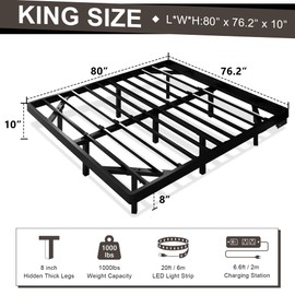 Feonase King Size Floating Bed Frame with Charging Station and Led Lights, Metal Bed Frame with Heavy Duty Steel Slats Supports, No Box Spring Needed, Easy Assembly, Black