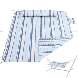 Double Hammock Pad and Pillow Set,78" x 55"Polyester Quilted Hammock Pad, Enhanced Comfort for Rope Outdoor Patio, Garden, Beach Hammocks, BlueStripe