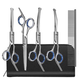 MAOCG Dog Grooming Scissors Set with Safety Round Tip, Titanium Coated Curved, Thinning and Straight Pet Grooming Scissors Kit for Dogs and Cats.