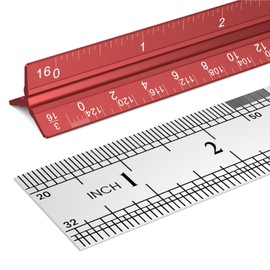 Architectural Scale Ruler 12 Inch: 2-Pack 12" Aluminum Triangle Ruler & Straight Metal Ruler, Precision Drafting Tools for Architecture and Engineering (Red)