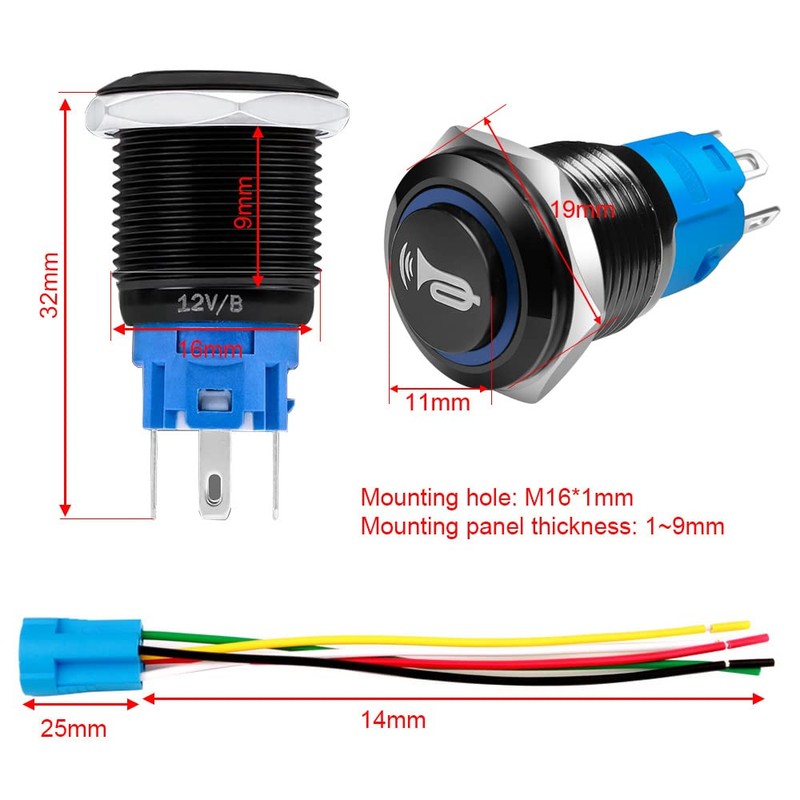 Gebildet 16mm 12V-24V/5A Momentary Switch, Speaker Horn Black Push Button