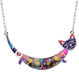 BONSNY Statement Enamel Alloy Cat Necklaces Pendant for Women Jewelry Gift Charms Original Design (Purple)