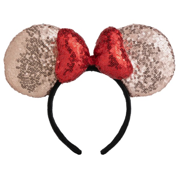 CHuangQi 1pcs Mouse Ears Shiny Headband 3D Bow, Double-sided Sequin Hair Band for Birthday Party or Amusement Park (Red Bow)