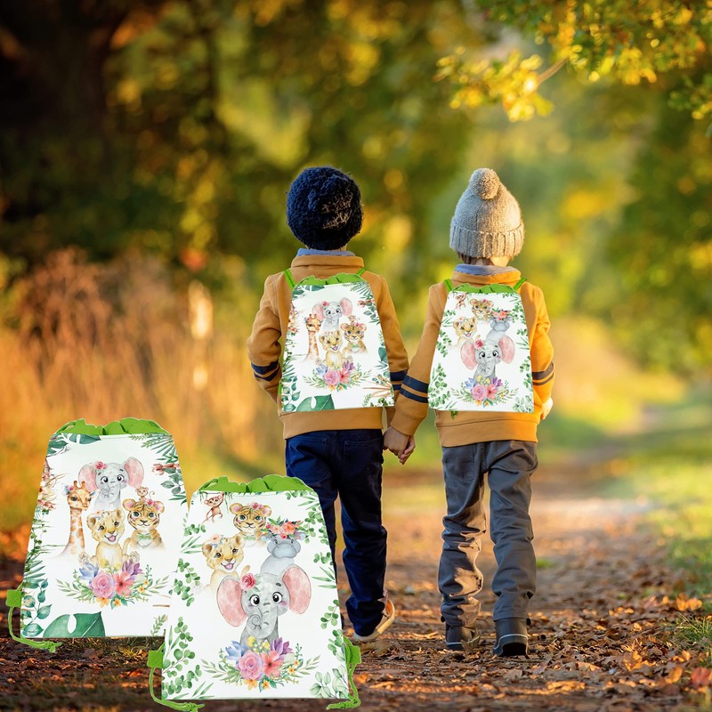 12 Pcs Jungle Animal Drawstring Backpack Set Cartoon Backpack Storage