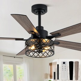 Bella Depot 46" Ceiling Fan with Light Farmhouse Caged Chandelier Fan with Remote Vintage Rustic Indoor Fandelier with Silent Motor for Dining Living Room Bedroom, (bulbs not included)