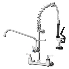 BWE Kitchen Faucet with Sprayer 20" Height Wall Mount Commercial Kitchen Sink Faucet with Pre-Rinse Sprayer 8" Adjustable Center for Restaurant Industrial Brushed Nickel