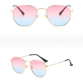 WDZAYXC Fashion Polygonal Sunglasses for Men and Women, Lightweight Metal Frame Glasses, UV400 Protection, Gold/Pink Blue