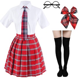 Japanese Tartan Pleated School Uniform Cosplay Costumes with Socks Eyeglass Frame Set (Red)(XS = Asia S)(SSF09)