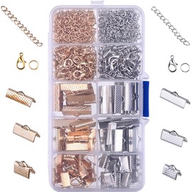 Ribbon Bracelet Kit Bookmark Pinch Crimp Ends Lobster Clasps with Jump Rings and Chain Extenders, 370 Pieces (Multicolor A)