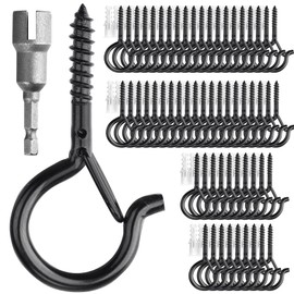 PlusRoc 60 Pack Christmas Light Hooks for Outdoor Seasonal Lighting Clips, Outdoor Eye Hook Q-Hanger Screw in Hooks for Hanging, 2.2 Inch Black Cup Hook, Patio Wall Wood Ceiling Deck Fence Mount