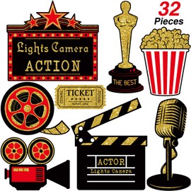 Hicarer 32 Pieces Movie Party Decorations Red Carpet Cutouts Cards Table Toppers Movie Theme Decor Double Sided Printing Golden Black Red for Night Party Supplies