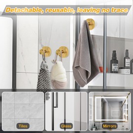 Muccibi Suction Cup Hooks for Shower, No Drill Hooks for Bathroom, Gold Shower Suction Hooks, Easy to Install, Towel Hooks for Shower Glass Door, Suitable for Bathroom,Glass, Smooth Wall(3PCS).