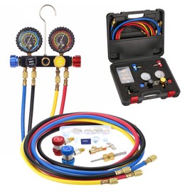 PB Motor Tech 4-Way AC Manifold Gauge Set for R22, R134A, R410A Refrigerants, with Quick Couplers, Adapters, Puncturing Can Tap Tools for AC Maintenance, Includes EV Cotton Lining and Storage Case