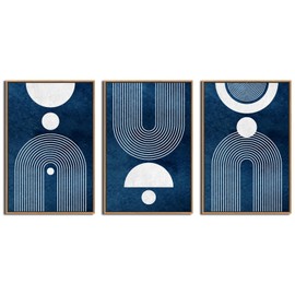 Framed Boho Canvas Wall Art - Mid Century Modern Geometric Pictures Prints Blue and White Minimalist Artwork Bohemian Wall Art for Bedroom Living Room Bathroom Office Decor 16" x 24" x 3 Piece Set