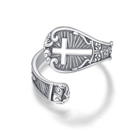 KINGWHYTE Cross Spoon Ring 925 Sterling Silver Oxidized Vintage Adjustable Thumb Rings Birthday Jewelry Gifts for Women Men