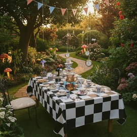 BRALEO Alice Party Decorations,Wonderland Theme Party Table Cover, Black and White PVC Tablecloth,Garden Checkered Tea Party Decor Plastic Cloth Rectangula 55"X98"