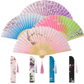 saerryor 4 Pcs Folding Hand Fans, Vintage Sakura Silk Bamboo Fans Set