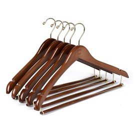 10 Quality Hangers Curved Wooden Hangers Beautiful Sturdy Suit Coat Hangers with Locking Bar Gold Hooks Walnut Finish (10)