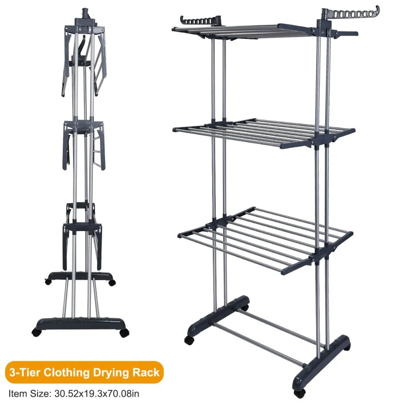 Dual Side Wings Rolling Collapsible Clothes Drying Rack Laundry Dryer