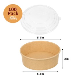 GHEIR 100 Pack 20 oz Disposable Bowls with Lids, Kraft Paper Salad Bowls with Lids, Paper Soup Bowls Food Container for Cold/Hot Food or Takeout
