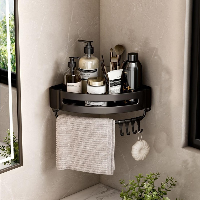 PREMZO Bath Shower Caddy Towel Holder Bar Hanging Hook Organizer