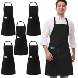 umboom 5 Pack Black Chef Aprons, Catering Aprons for Men Women, Kitchen Work Aprons, Professional Apron for Cooking, Restaurant, Bistro, Bar, Café, Garden, Salon (1 Pocket)