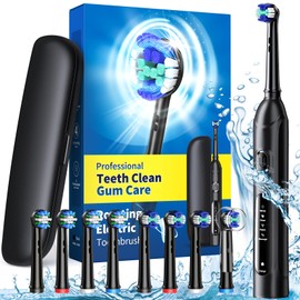 TEETHEORY Rotating Electric Toothbrush for Adults with 8 Brush Heads (2 Types), 4 Modes Deep Clean Electric Toothbrush with Rechargeable Power and 2 Min Smart Timer (1- Black, with travelcase)