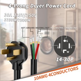 PlugSaf 6 FT 4 Prong Dryer Cord 30 AMP Black, 10/4 Gauge Dryer Extension Cord Heavy Duty, NEMA 14-30P to 4-Wire Appliance Power Cable, ETL Listed