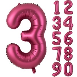 Number 3 Balloons 40 Inch Wine Red Burgundy Foil Helium Large Balloons for Birthday Party Anniversary Decorations（Digital 3）