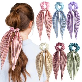 mdgfge 6 Pcs Silky Satin Bow Hair Scrunchies Bohemia Knotted Hair Ties with Long Ribbon Colorful Glitter Satin Hair Bands Elastics Scarf Ponytail Holder Hair Accessories for Women Party Daily Use