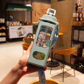 Kawaii Water Bottle for Kids Cute Water Bottles with Straw Portable Square Drinking Bottle, Leakproof Water Jug for Girls, 30 oz (Green-900ml)