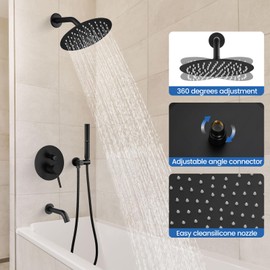 Airuida Shower System with Tub Spout Matte Black Tub Shower Faucet Set 3 Function Tub Spout Combo Set 8 Inches Rainfall Round Shower Head 2 Functions Handheld Shower with Rough-in Valve