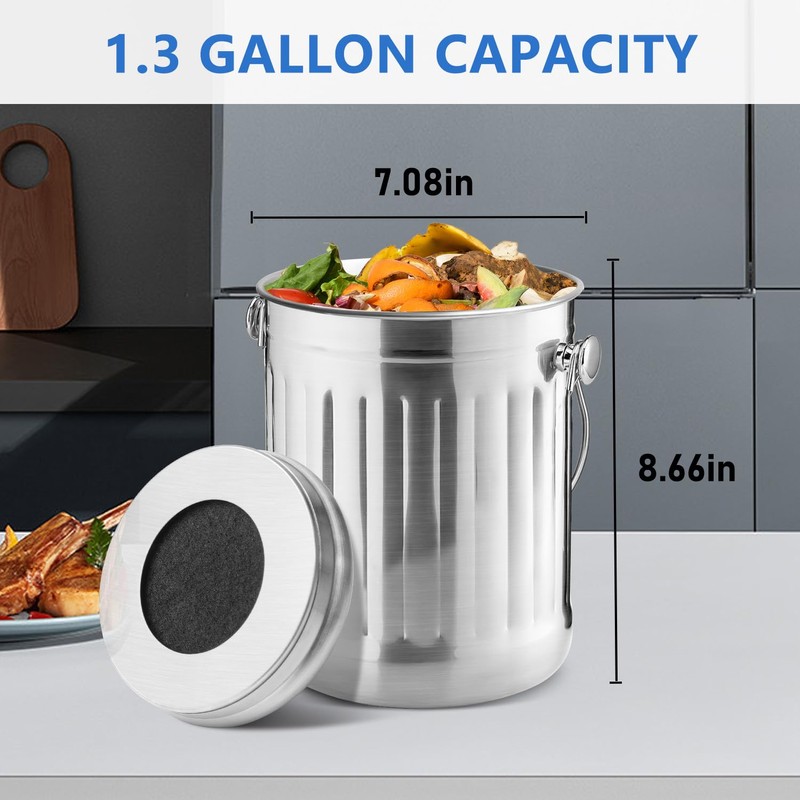 ENLOY Compost Bin for Kitchen Countertop, 1.3 Gallon Stainless Steel