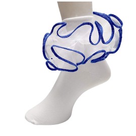 Girls Double Ruffle Socks - Big Full Organza with Trim Pageant Fanfare Foldover Ankle Style - 7-12 Year Old (Size 9-11, White w/ Royal Blue Trim)