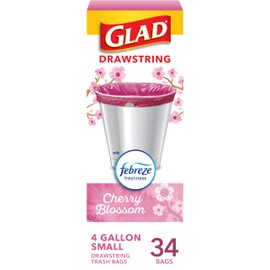 Glad Small Trash Bags 4 Gallon, Febreze Cherry Blossom Garbage Bags, Odor Resistant with Drawstring, 34 Count