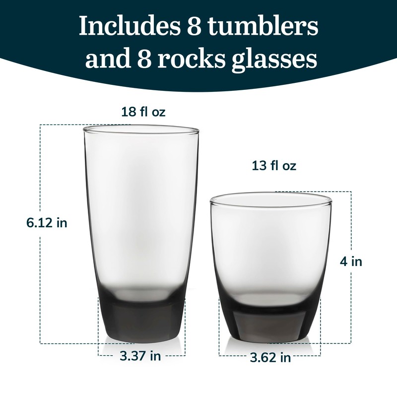 Libbey Classic Rocks and Tumbler Glasses Set of 16, Smoke