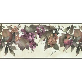 CONCORD WALLCOVERINGS ™ Wallpaper Border Fruit Pattern Pears Grapes Plums Leaves for Cottage Kitchen Dining Room, Beige Green Purple, 15 ft by 10.5 in ‎KT8353B