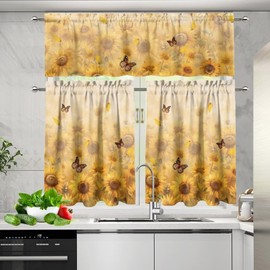 Cozeyat Sunflower Bee Kitchen Curtain Valance Set 35.8 Inch Long Tier Curtains Cafe Curtains Rod Pocket Valances for Living Room Bedroom Bathroom Farmhouse Rustic Country Window Curtains
