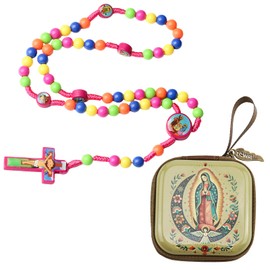 Qoncosy 1 Pack Catholic First Communion Rosary - Colorful Plastic Prayer Beads Necklace with Virgin Mary, Gift Box Included (15 Inches)