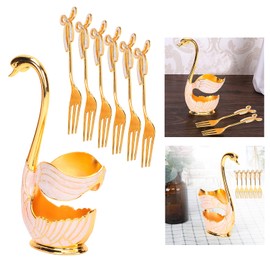 Tableware Sets, Fruit Dessert Flatware Swan Base Holder Spoon Organizer with 6pcs Spoon or Fork for Coffee Dessert Sugar Ice Cream(Fork)